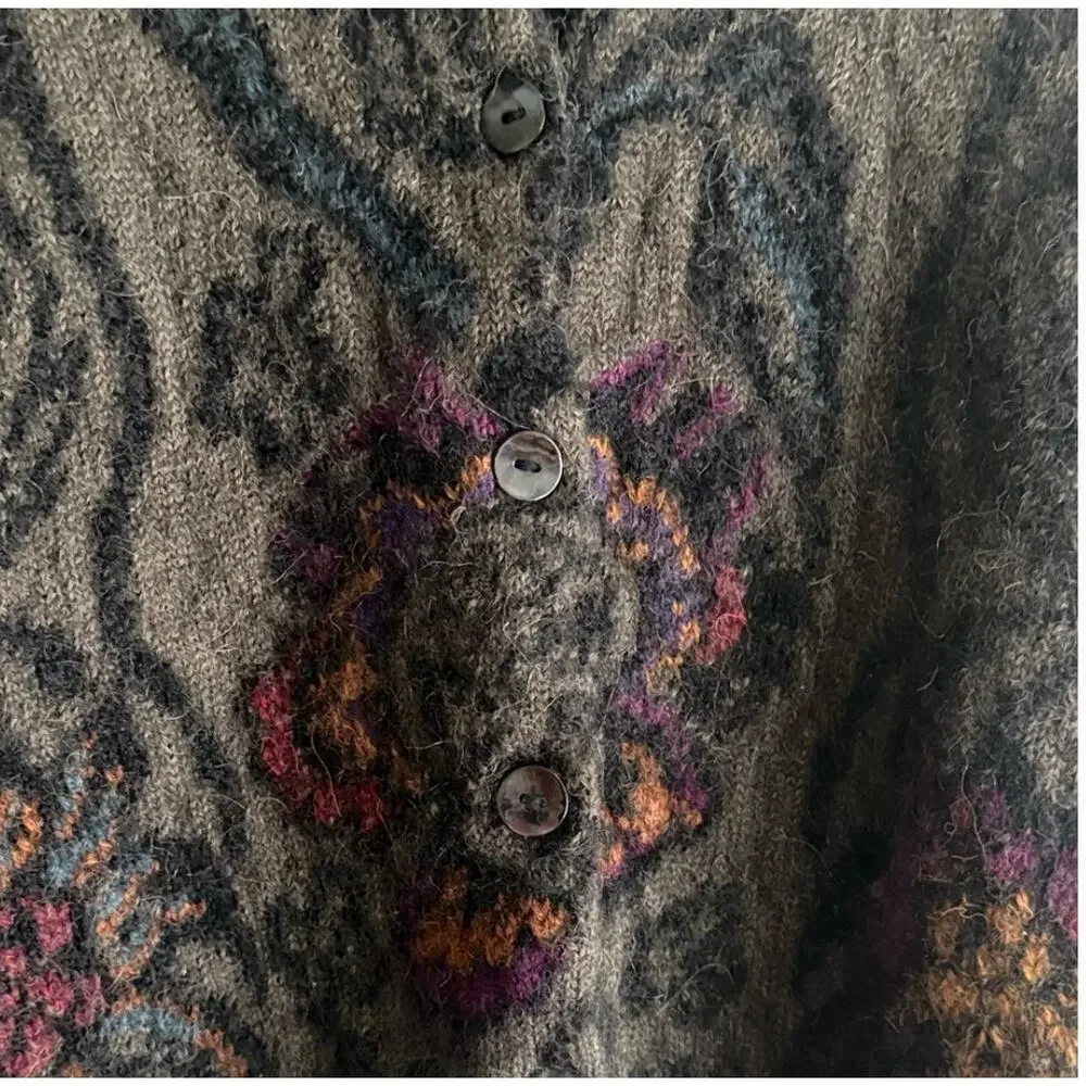 Dakota Hand Loomed Grey Floral Alpaca Cardigan Sz S